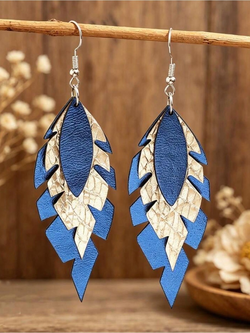 Blue and Gold Layered Feather Drop Earrings - Women Jewelry
